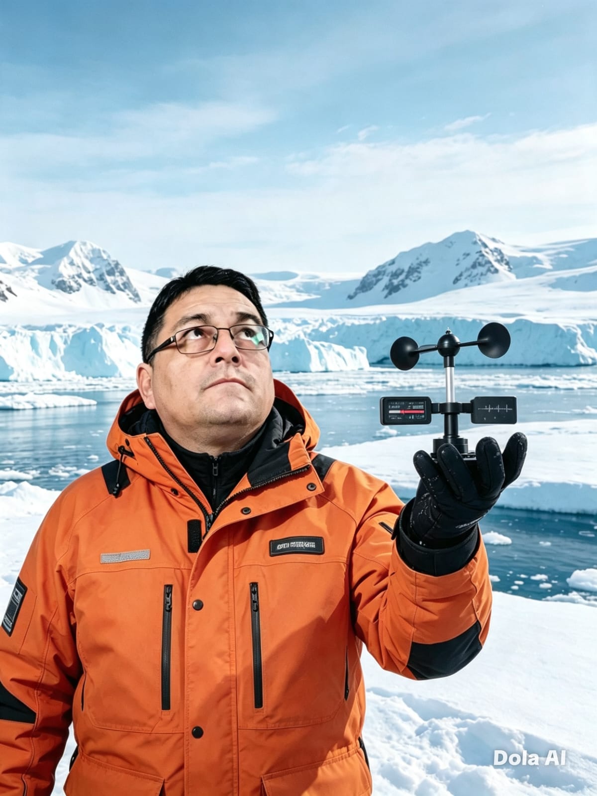 Prof. Facundo Gutierrez con un anemómetro en un paisaje polar
